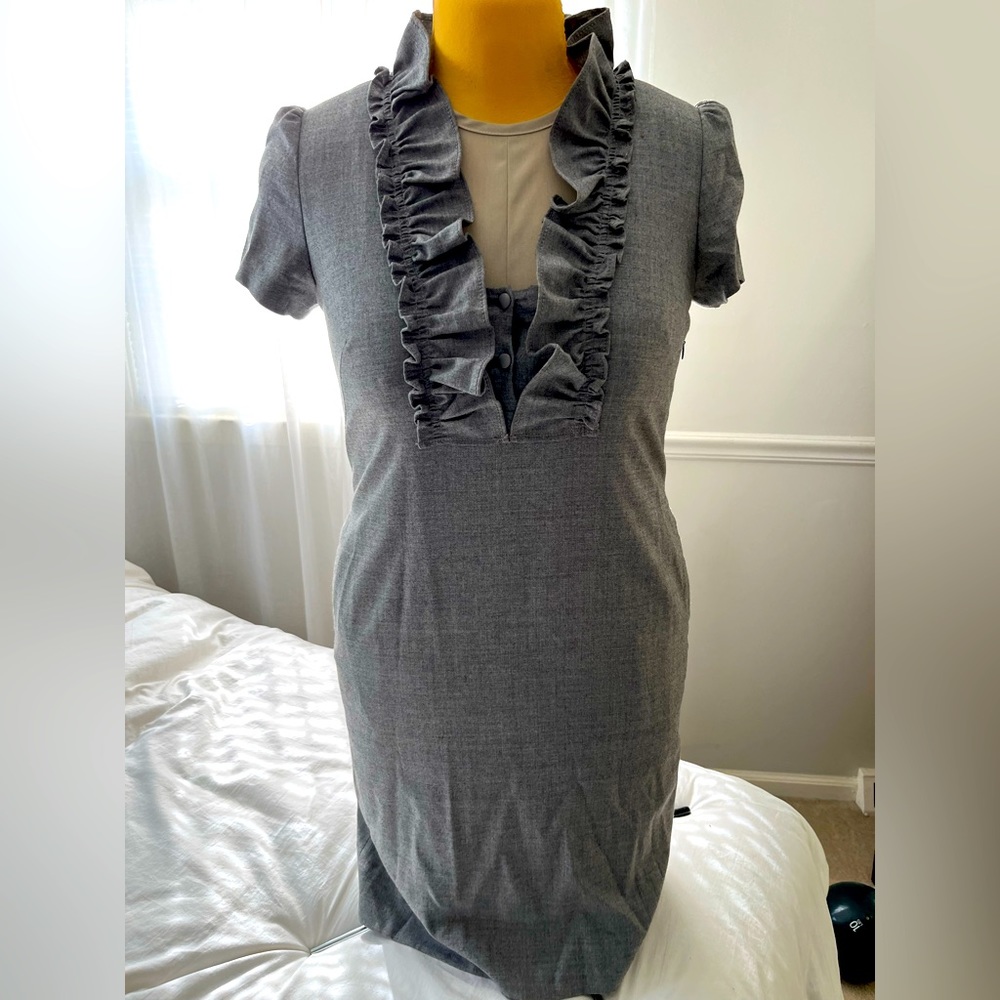 Gray dress, ruffled collar, J. Crew, size 2